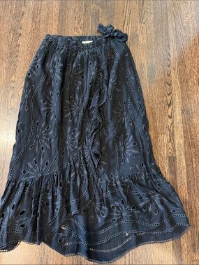 Anthropologie Black Eyelet Midi Skirt with Ruffle Detail